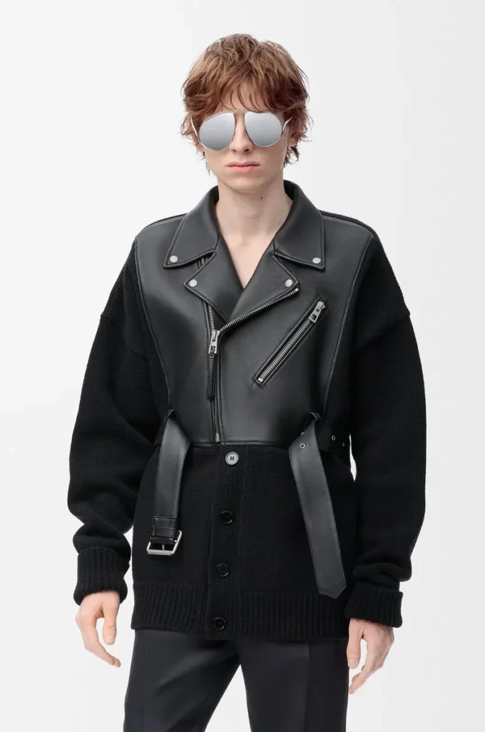 Cardigan ibrido in pelle di agnello nappa e lana Nero/Nero Cardigan ibrido in pelle di agnello nappa e lana Nero/Nero