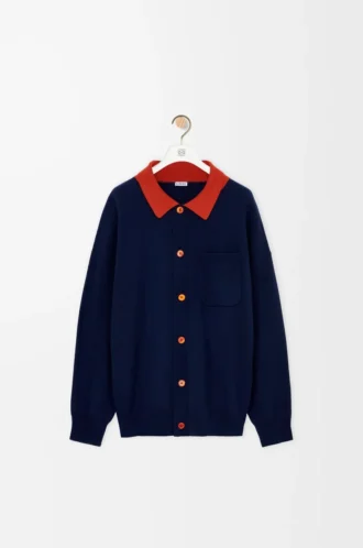 Cardigan polo in lana blu navy/arancione