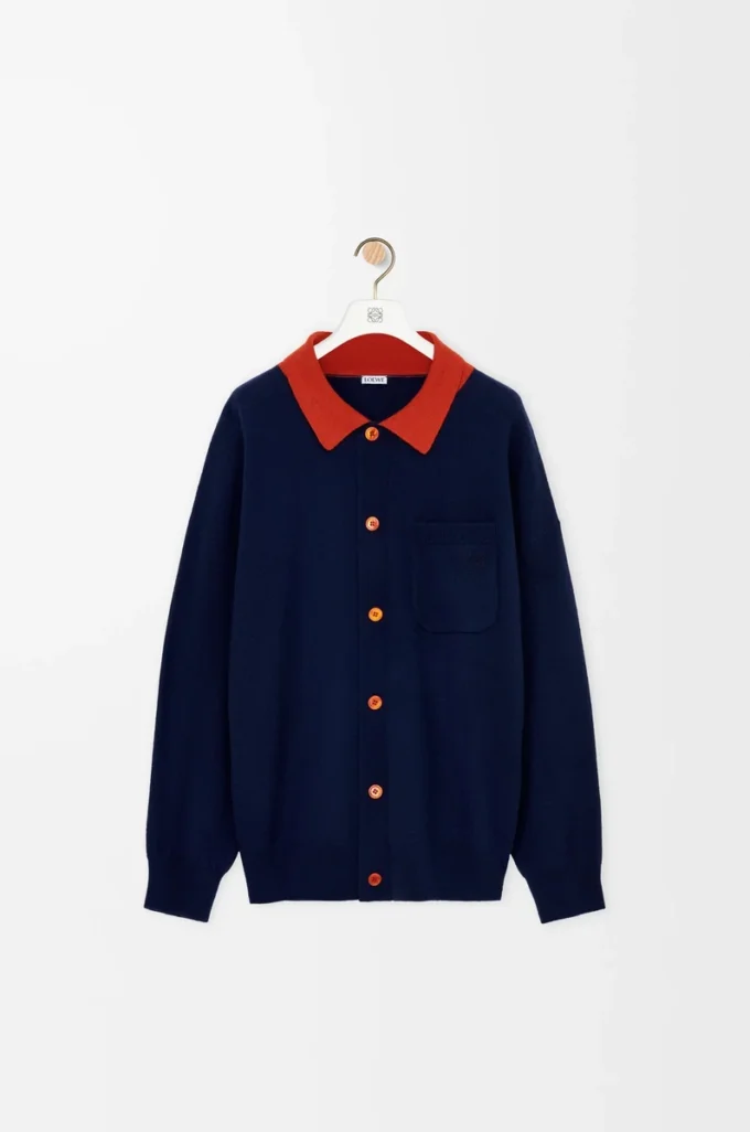 Cardigan polo in lana blu navy/arancione Cardigan polo in lana blu navy/arancione