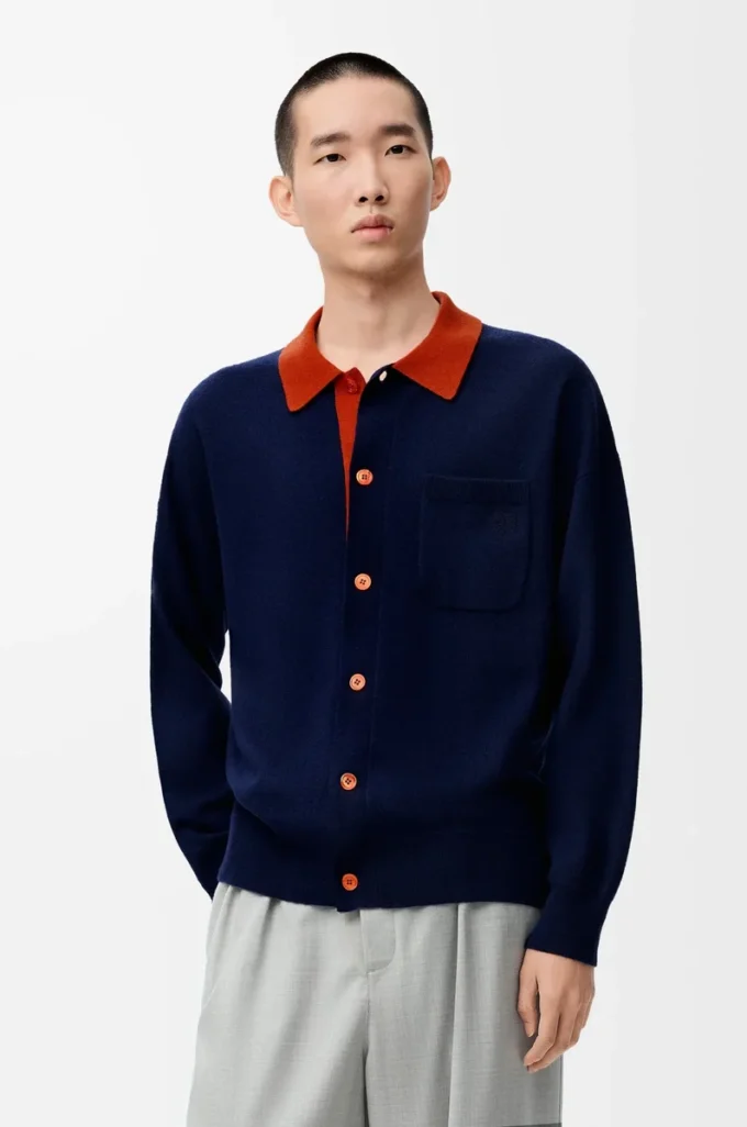 Cardigan polo in lana blu navy/arancione Cardigan polo in lana blu navy/arancione