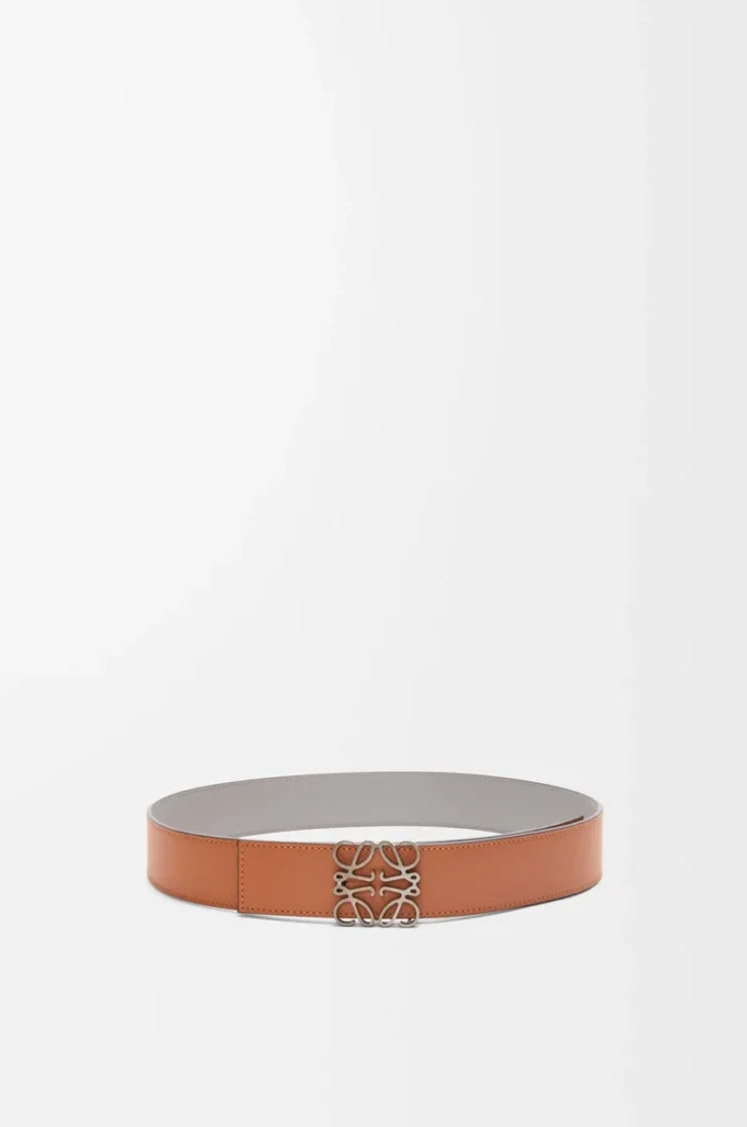 Cintura reversibile Anagram in pelle di vitello liscia Tan/Grigio asfalto/Peltro