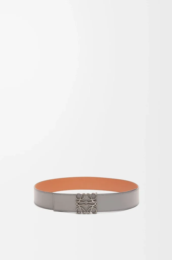 Cintura reversibile Anagram in pelle di vitello liscia Tan/Grigio asfalto/Peltro