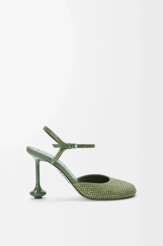 Décolleté con cinturino alla caviglia Toy in camoscio impreziosito da strass verde militare