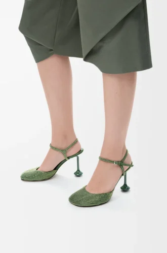 Décolleté con cinturino alla caviglia Toy in camoscio impreziosito da strass verde militare