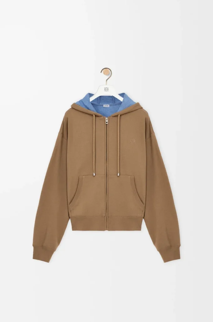Felpa con cappuccio e zip in cotone beige/blu Felpa con cappuccio e zip in cotone beige/blu