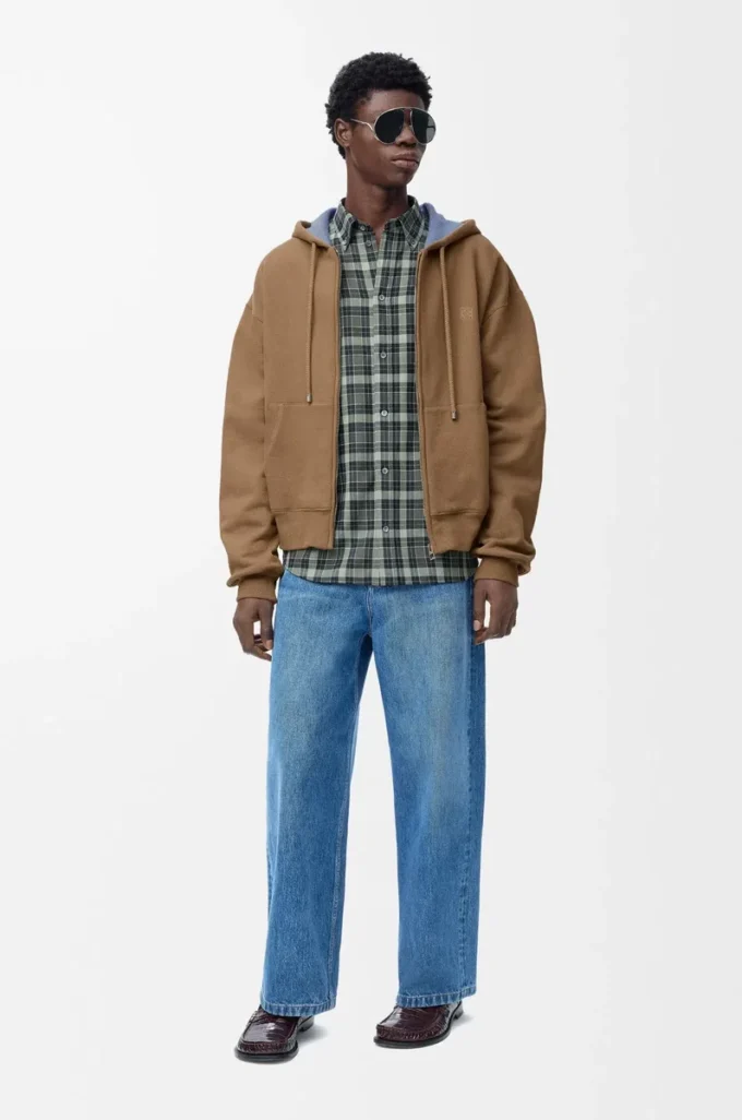 Felpa con cappuccio e zip in cotone beige/blu Felpa con cappuccio e zip in cotone beige/blu