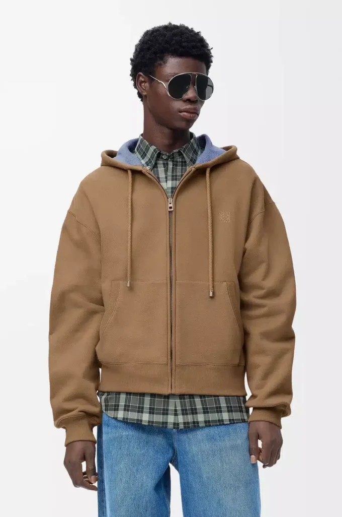 Felpa con cappuccio e zip in cotone beige/blu Felpa con cappuccio e zip in cotone beige/blu