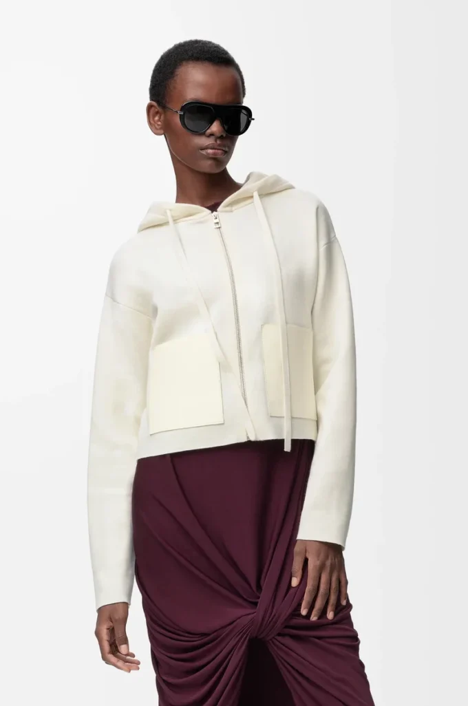 Felpa con cappuccio e zip in lana Bianca