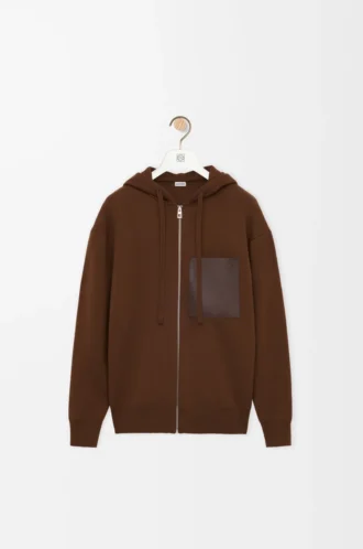 Felpa con cappuccio e zip in lana marrone
