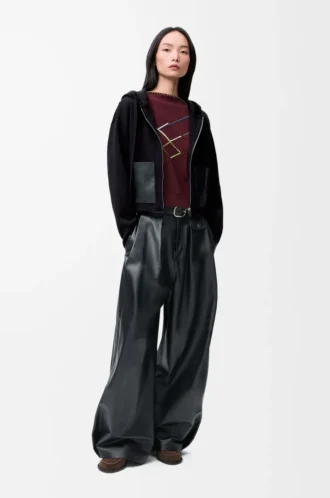 Felpa con cappuccio e zip in lana Nero