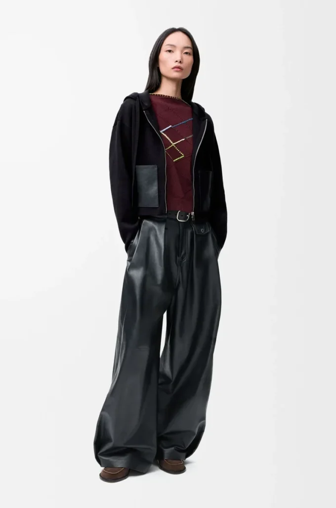 Felpa con cappuccio e zip in lana Nero