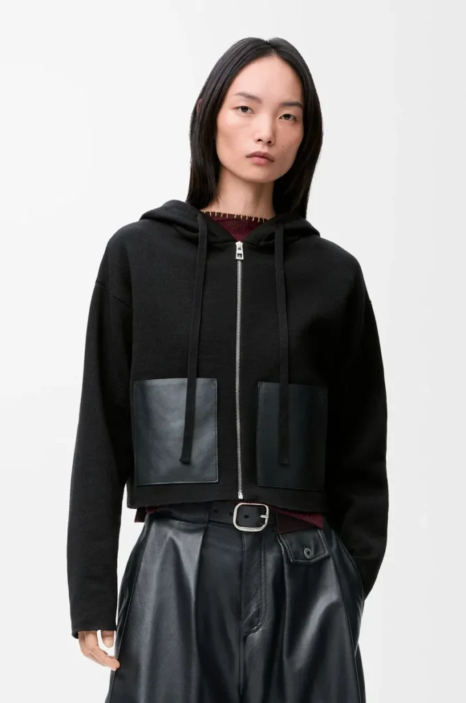 Felpa con cappuccio e zip in lana Nero