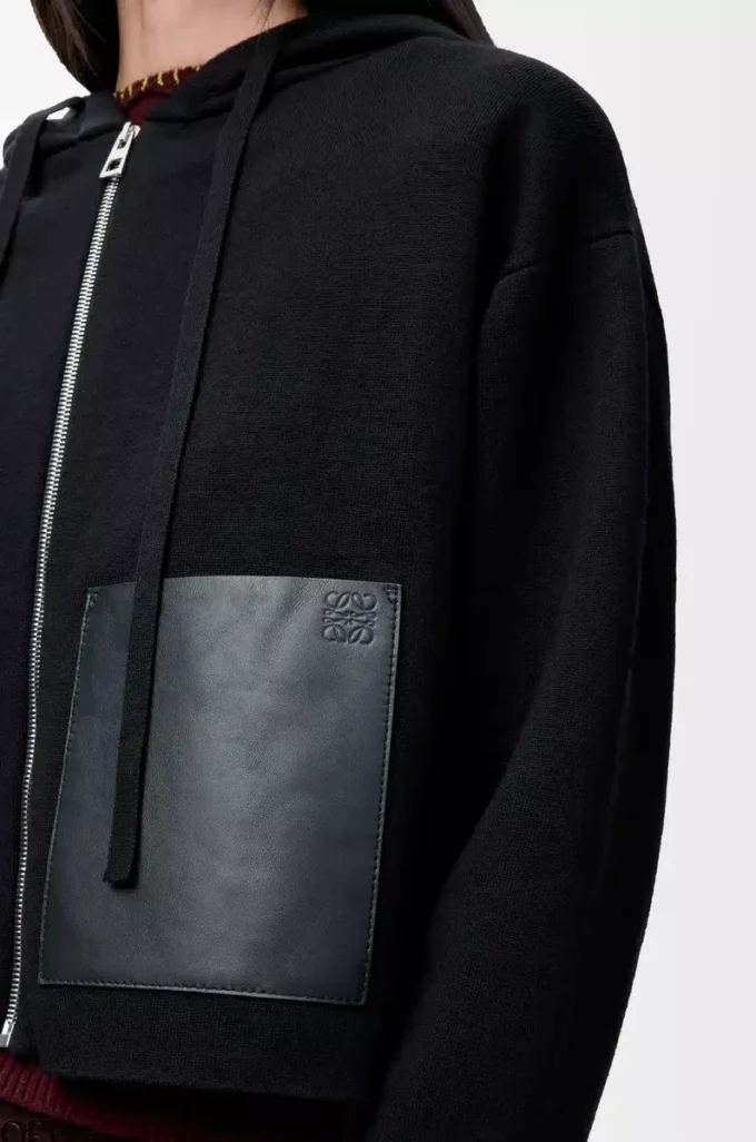 Felpa con cappuccio e zip in lana Nero