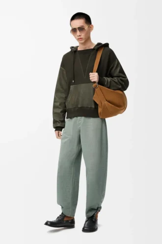 Felpa con cappuccio ibrida in cotone e pelle di agnello nappa Verde kaki