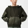 Felpa con cappuccio ibrida in cotone e pelle di agnello nappa Verde kaki Felpa con cappuccio ibrida in cotone e pelle di agnello nappa Verde kaki