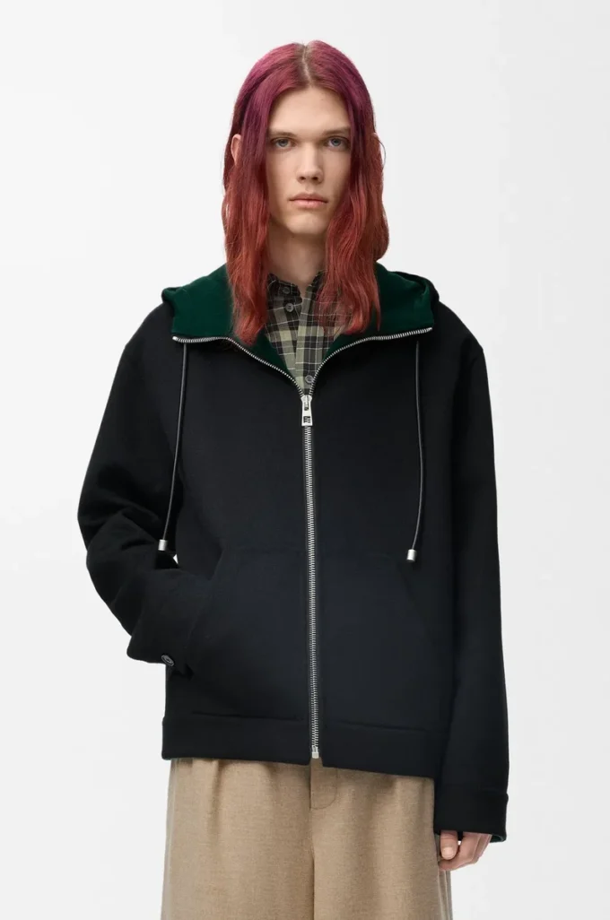 Giacca con cappuccio in lana e cashmere Nero/Verde