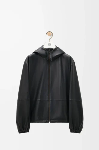 Giacca con cappuccio in pelle di agnello nappa Nero