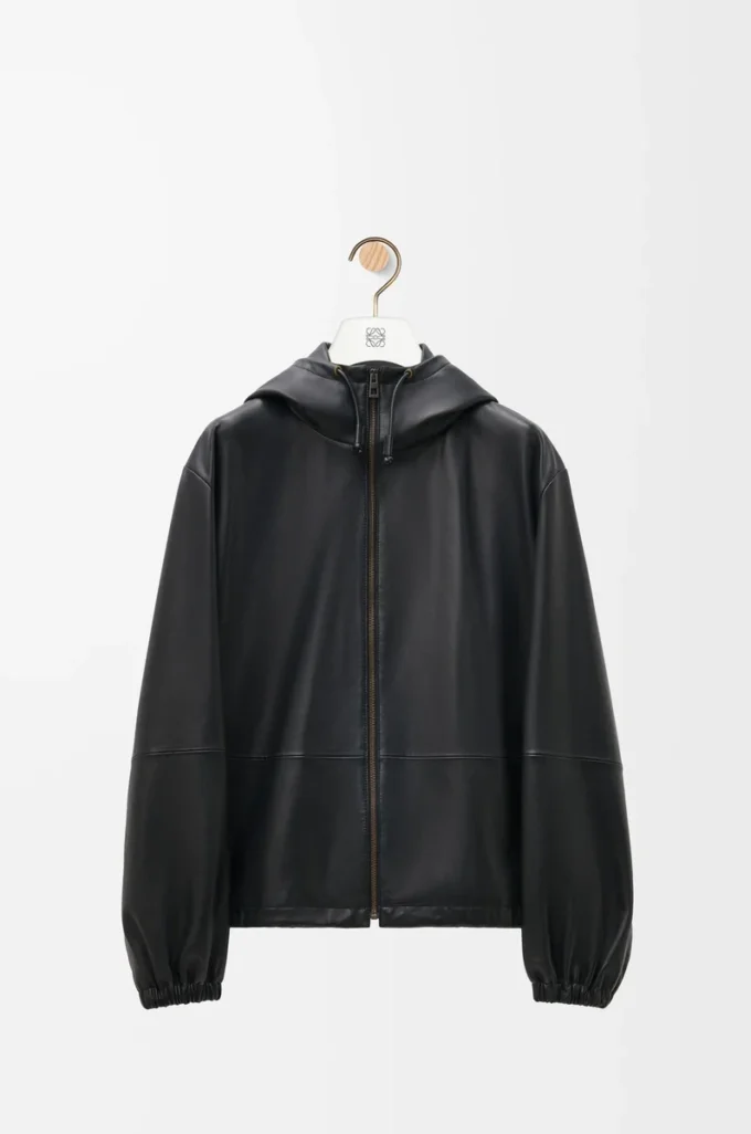 Giacca con cappuccio in pelle di agnello nappa Nero Giacca con cappuccio in pelle di agnello nappa Nero