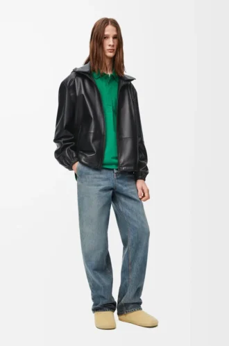 Giacca con cappuccio in pelle di agnello nappa Nero
