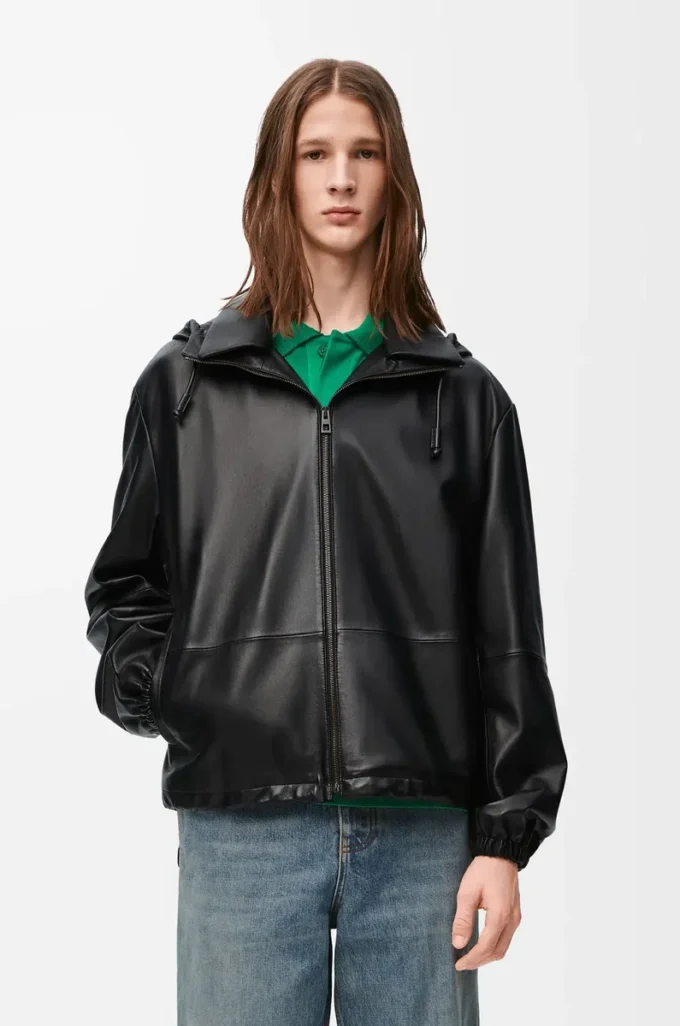 Giacca con cappuccio in pelle di agnello nappa Nero Giacca con cappuccio in pelle di agnello nappa Nero
