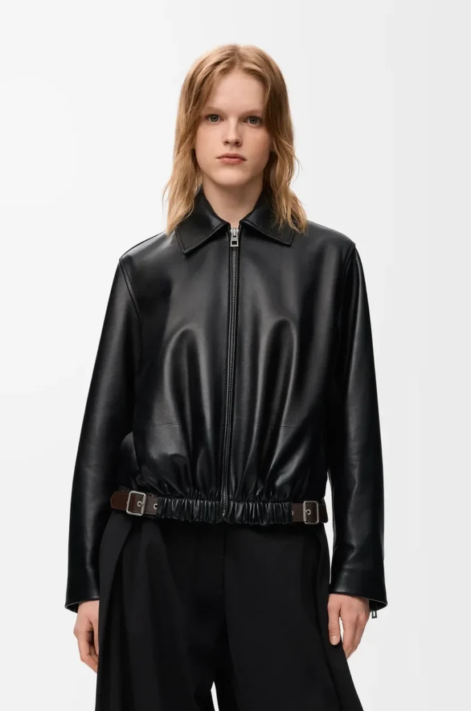 Giacca con cintura in pelle di agnello nappa nera Giacca con cintura in pelle di agnello nappa nera