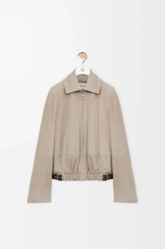 Giacca con cintura in pelle scamosciata di capra Beige scuro
