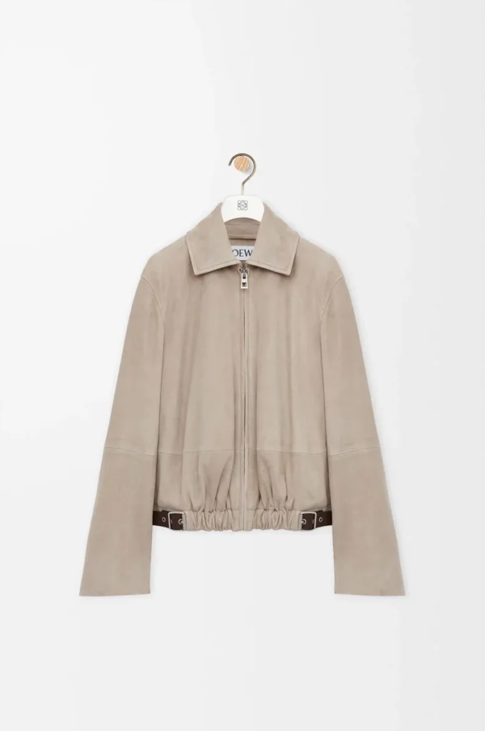 Giacca con cintura in pelle scamosciata di capra Beige scuro