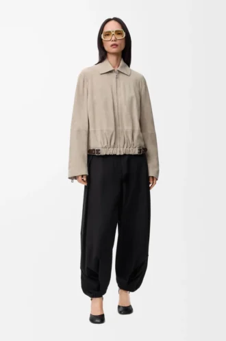 Giacca con cintura in pelle scamosciata di capra Beige scuro