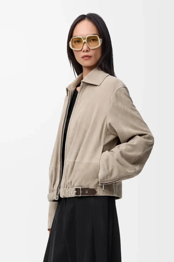 Giacca con cintura in pelle scamosciata di capra Beige scuro