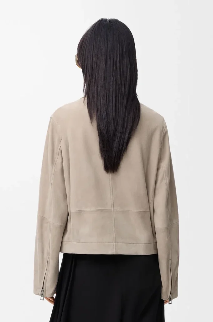 Giacca con cintura in pelle scamosciata di capra Beige scuro
