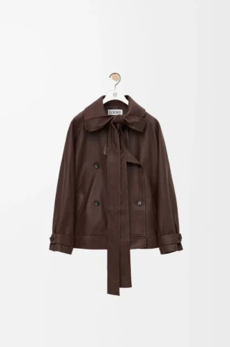 Giacca con fiocco in pelle di agnello nappa color cioccolato fondente