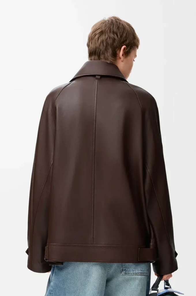 Giacca con fiocco in pelle di agnello nappa color cioccolato fondente