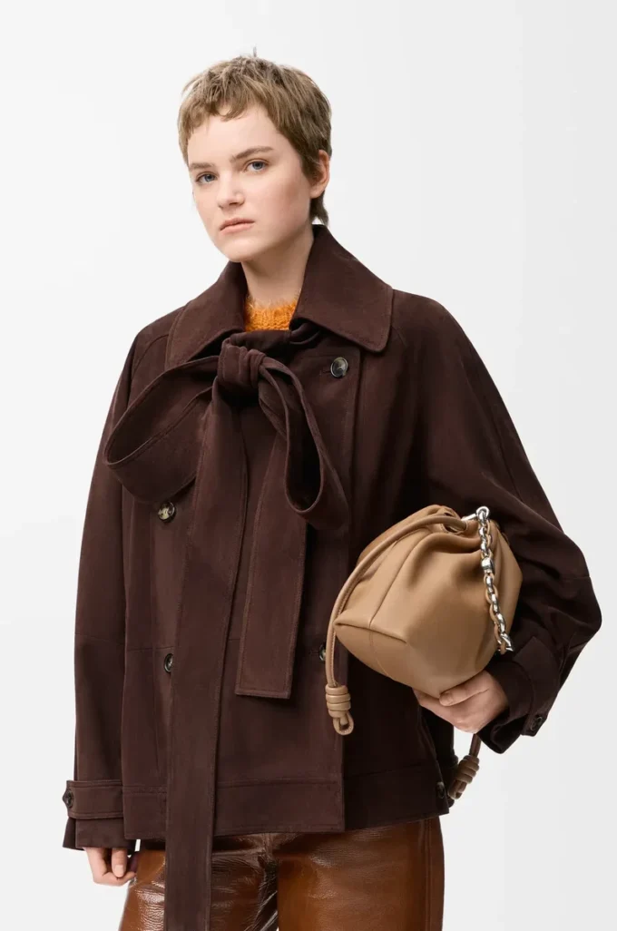 Giacca con fiocco in pelle scamosciata di capra Marrone