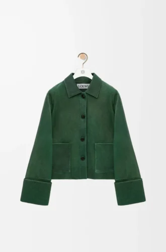Giacca con risvolti in pelle di agnello nappa Verde scuro Giacca con risvolti in pelle di agnello nappa Verde scuro