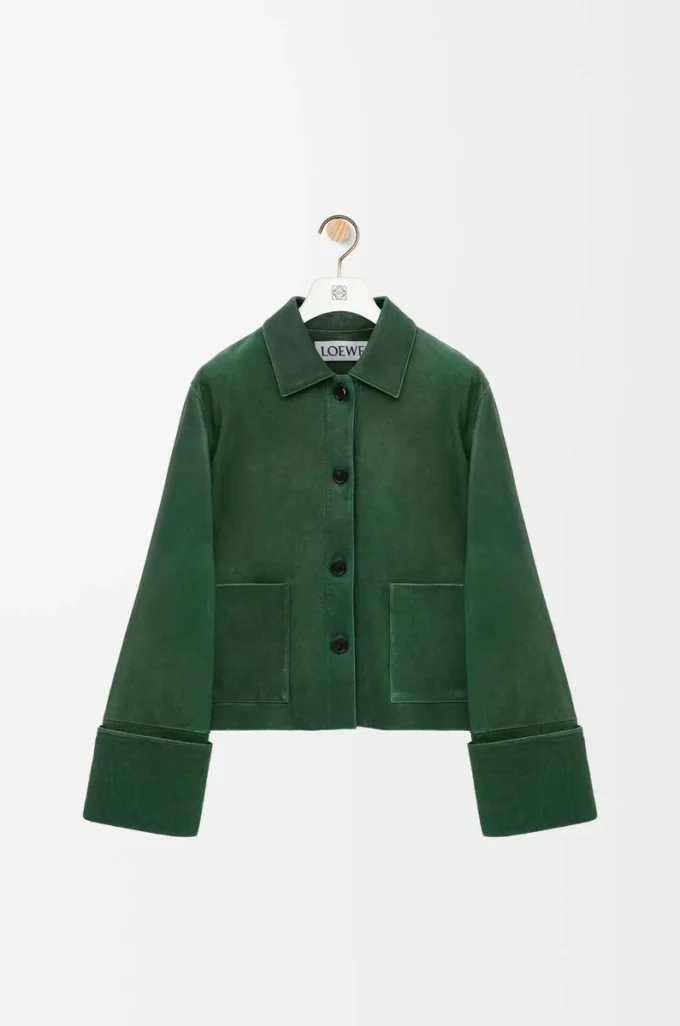 Giacca con risvolti in pelle di agnello nappa Verde scuro Giacca con risvolti in pelle di agnello nappa Verde scuro