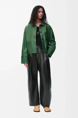 Giacca con risvolti in pelle di agnello nappa Verde scuro Giacca con risvolti in pelle di agnello nappa Verde scuro
