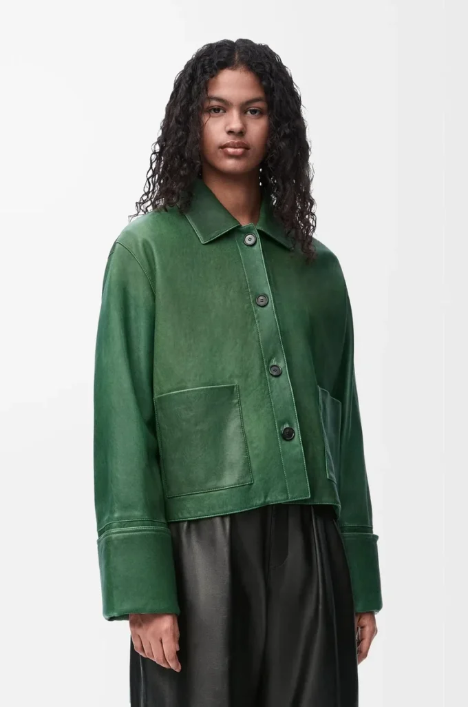 Giacca con risvolti in pelle di agnello nappa Verde scuro Giacca con risvolti in pelle di agnello nappa Verde scuro