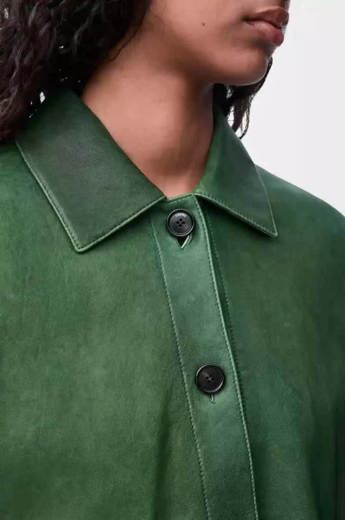Giacca con risvolti in pelle di agnello nappa Verde scuro Giacca con risvolti in pelle di agnello nappa Verde scuro