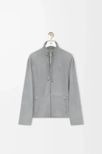 Giacca con zip in pelle scamosciata di agnello grigio chiaro