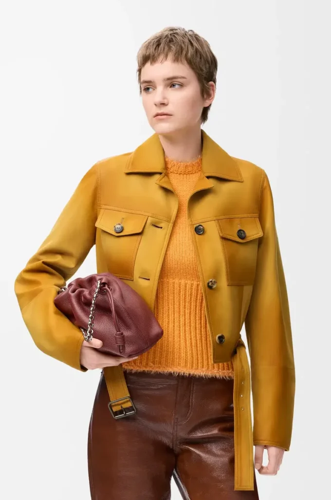 Giacca corta in pelle di agnello scamosciata Light Tan