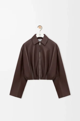 Giacca drappeggiata in nappa di agnello marrone cioccolato