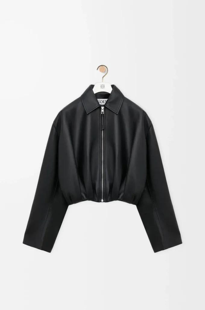 Giacca drappeggiata in pelle di agnello nappa Nero
