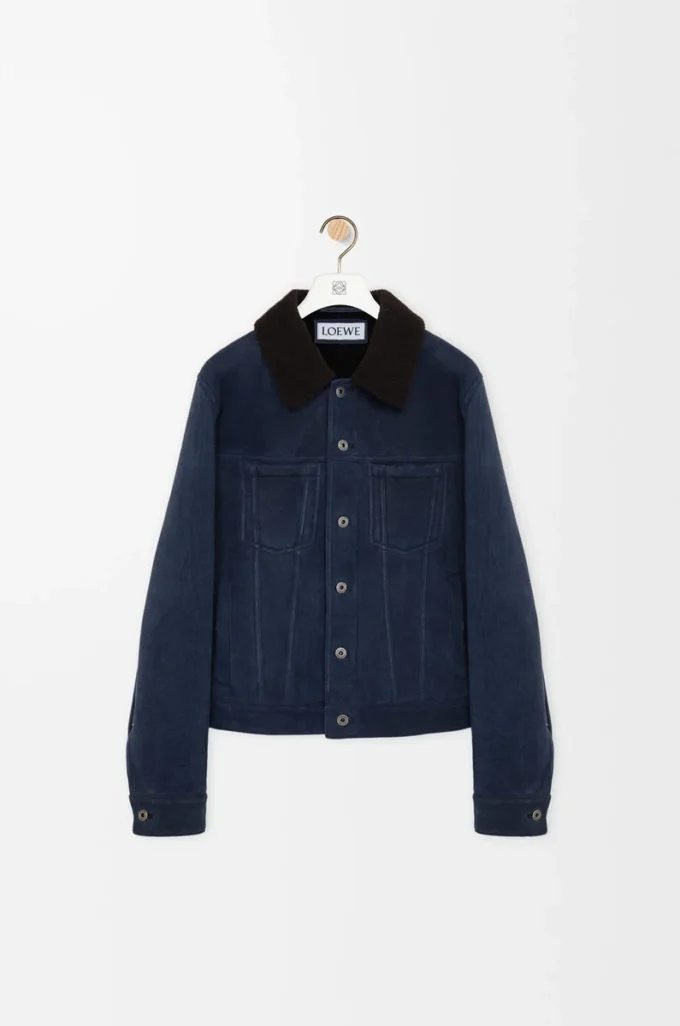 Giacca trucker in shearling blu navy/marrone