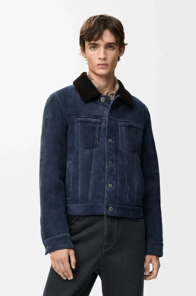 Giacca trucker in shearling blu navy/marrone