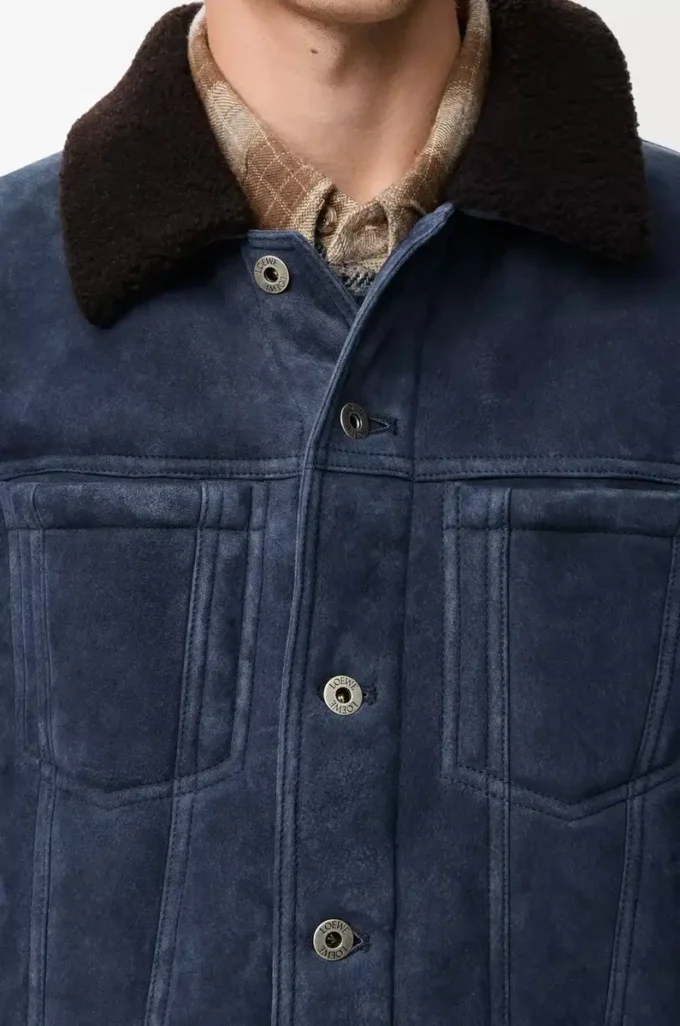 Giacca trucker in shearling blu navy/marrone