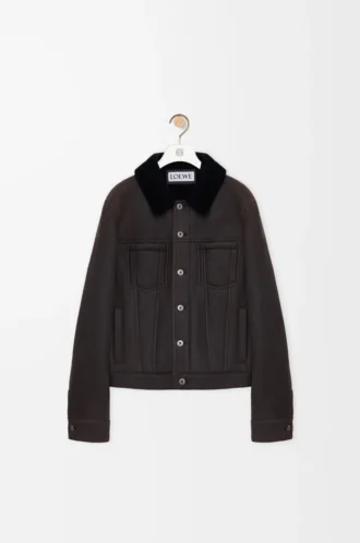 Giacca trucker in shearling marrone/blu navy