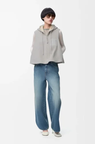 Gilet con cappuccio in shearling grigio melange chiaro