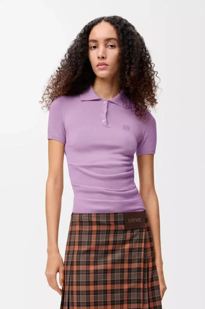 Maglione polo a maniche corte in cashmere e seta Lilla