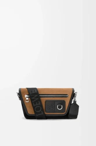 Mini Flex messenger in tela e pelle scamosciata Nero/Oro scuro