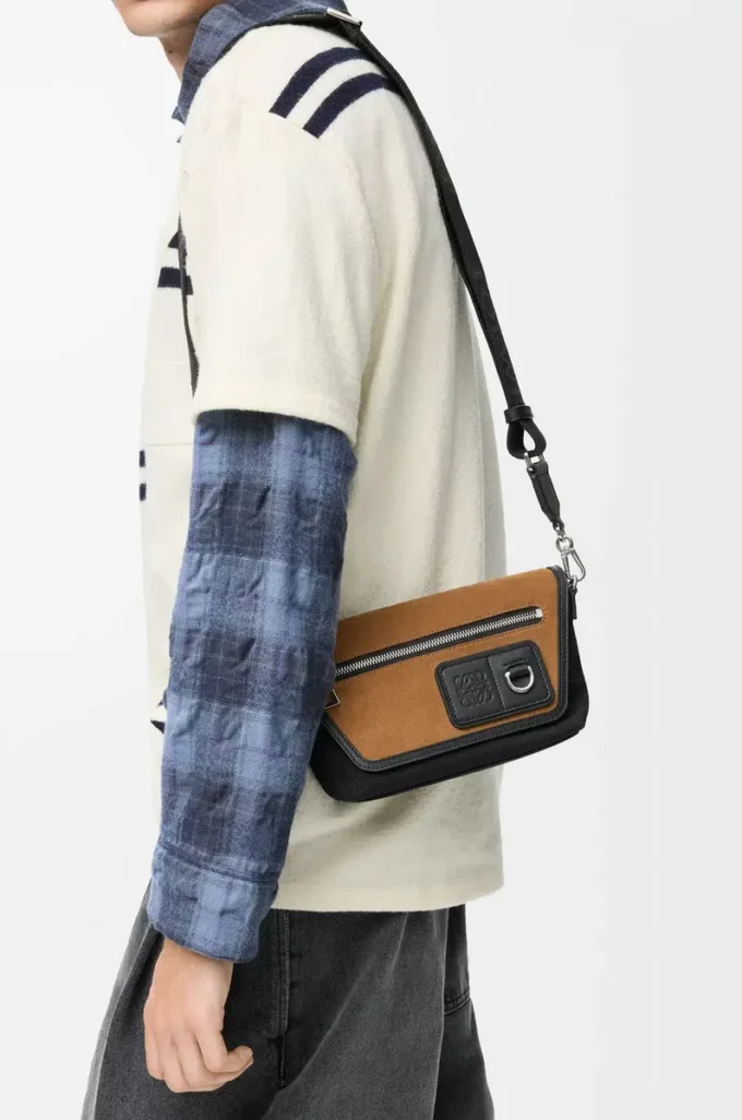 Mini Flex messenger in tela e pelle scamosciata Nero/Oro scuro